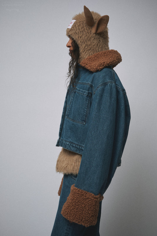 TEDDY CROPPED DENIM JACKET in LIGHT DENIM + BROWN