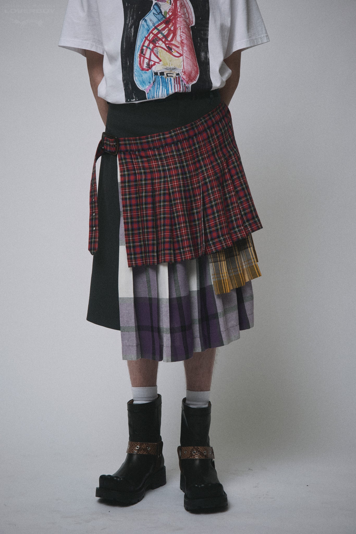 LAYERED SKORT in CHARCOAL + MULTI TARTAN