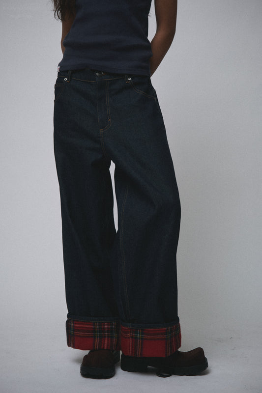 SCARF WIDE LEG JEANS in INDIGO DENIM + RED TARTAN