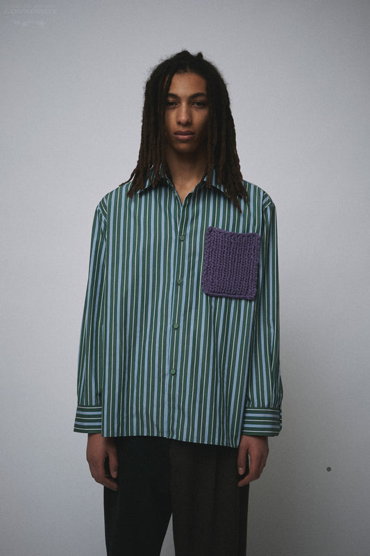OVERSIZED LONG SLEEVE SHIRT WITH KNIT PATCH in GREEN STRIPE + PURPLE