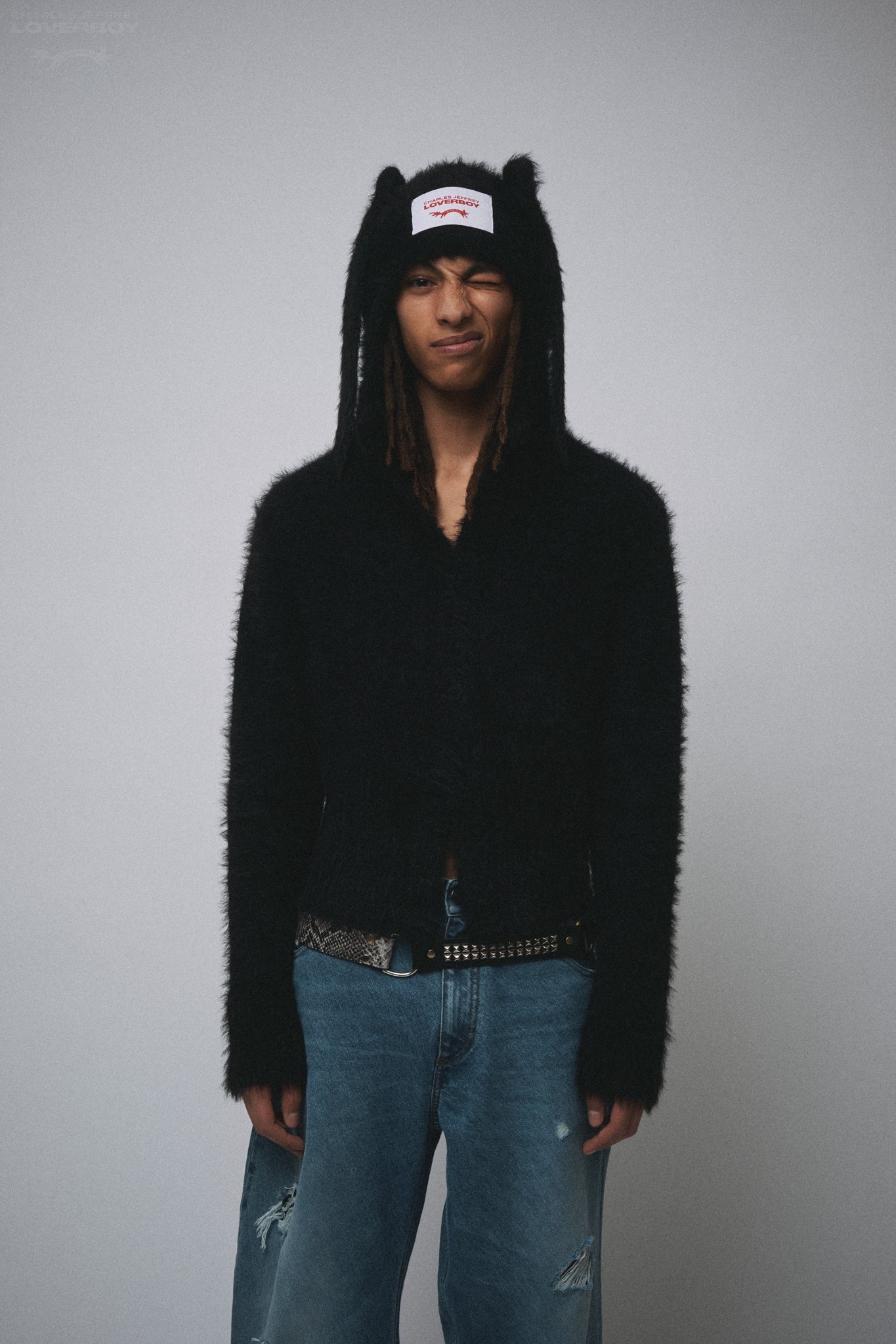 FLUFFY RABBIT BALACLAVA CARDI in BLACK
