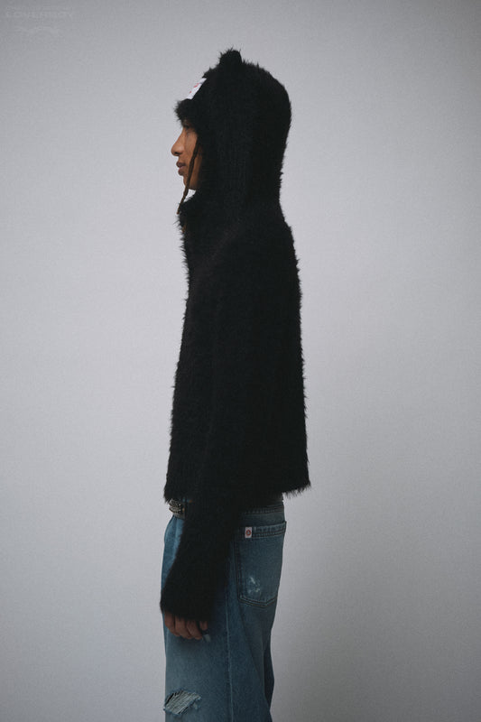 FLUFFY RABBIT BALACLAVA CARDI in BLACK