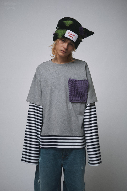 LONG SLEEVE 2-IN-1 TEE WITH KNIT PATCH in GREY MARL NAVY STRIPE