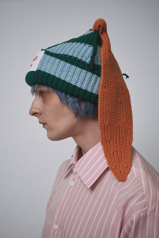 CHUNKY RABBIT BEANIE in GREEN LIGHT BLUE ORANGE