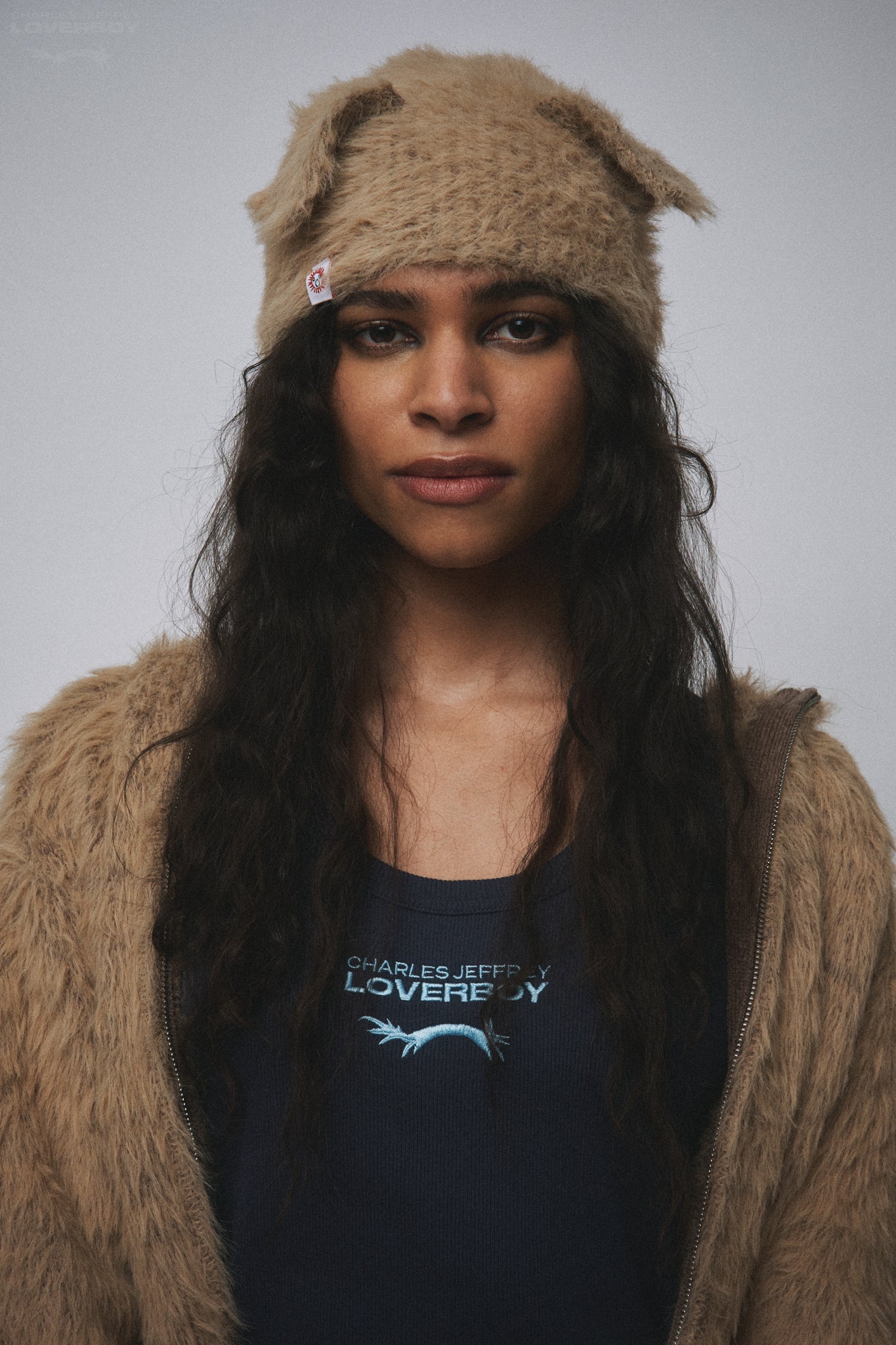 FLUFFY EARS RIB BEANIE in BROWN