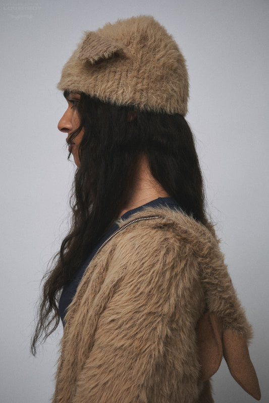 FLUFFY EARS RIB BEANIE in BROWN