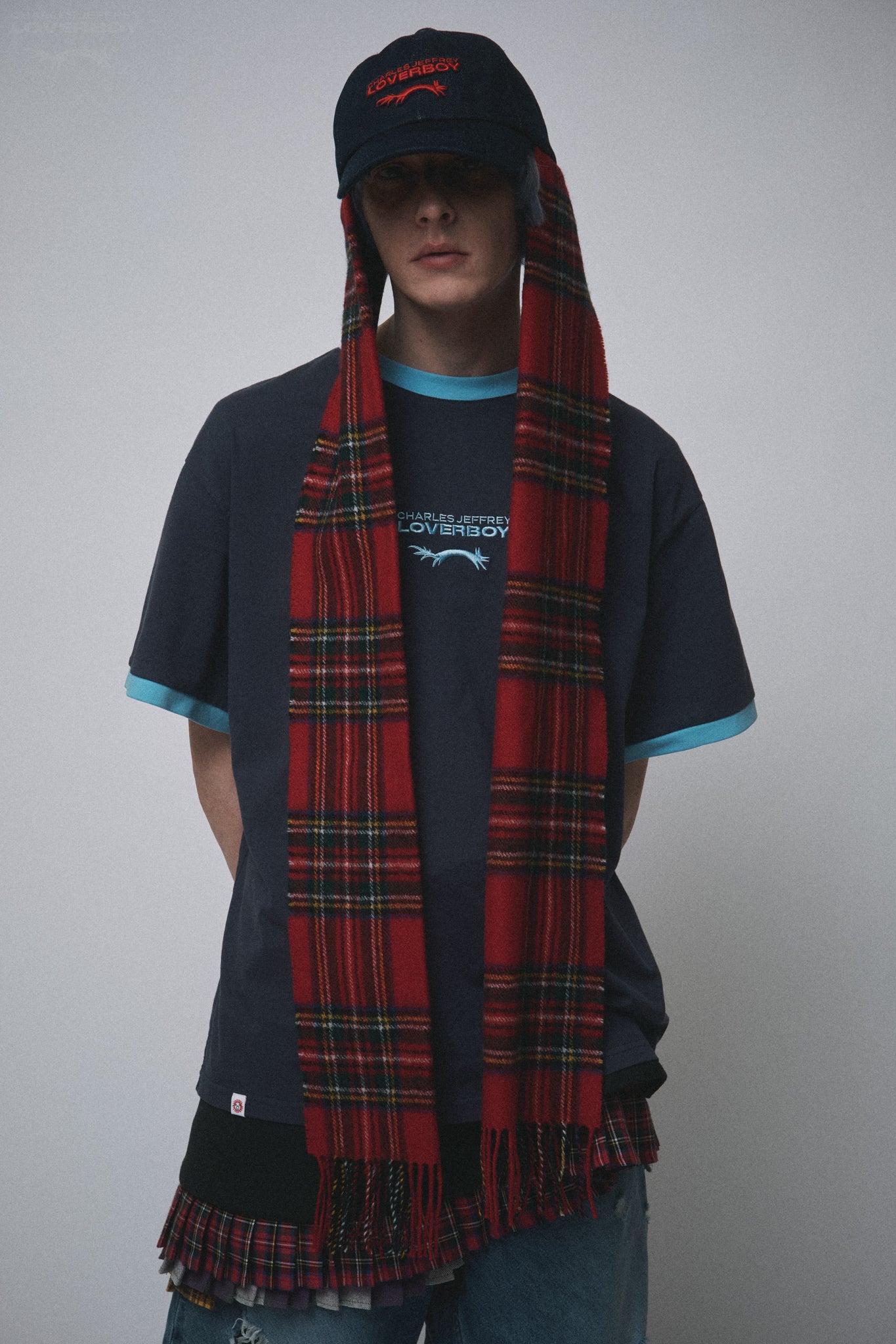 SCARF CAP in INDIGO DENIM RED TARTAN