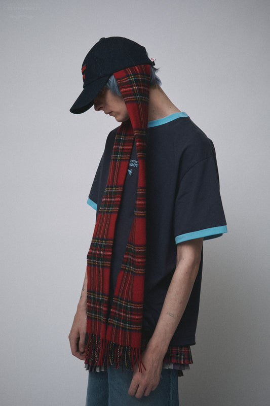 SCARF CAP in INDIGO DENIM RED TARTAN