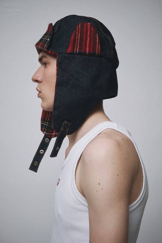 TRAPPER HAT in INDIGO DENIM RED TARTAN