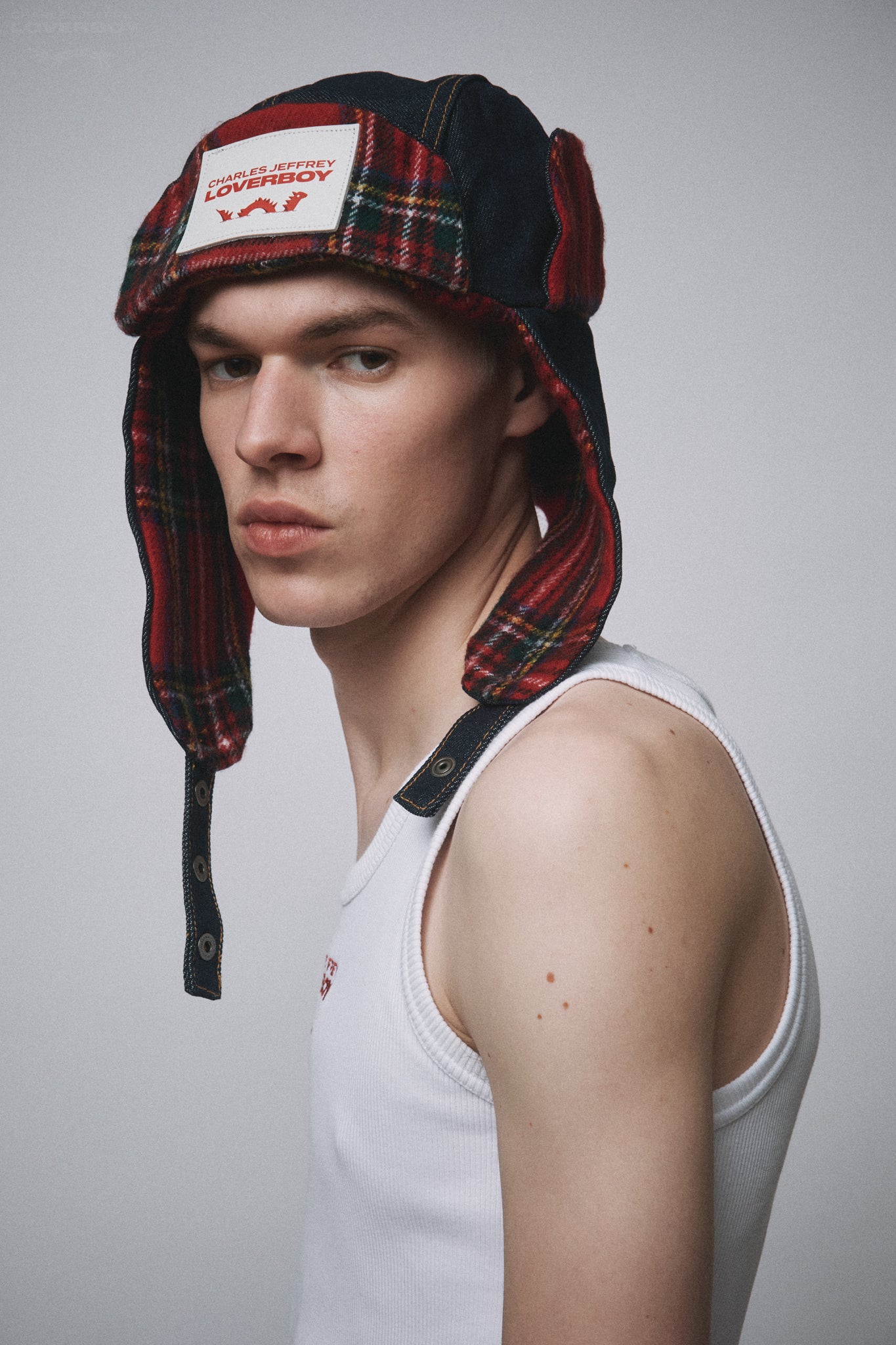 TRAPPER HAT in INDIGO DENIM RED TARTAN