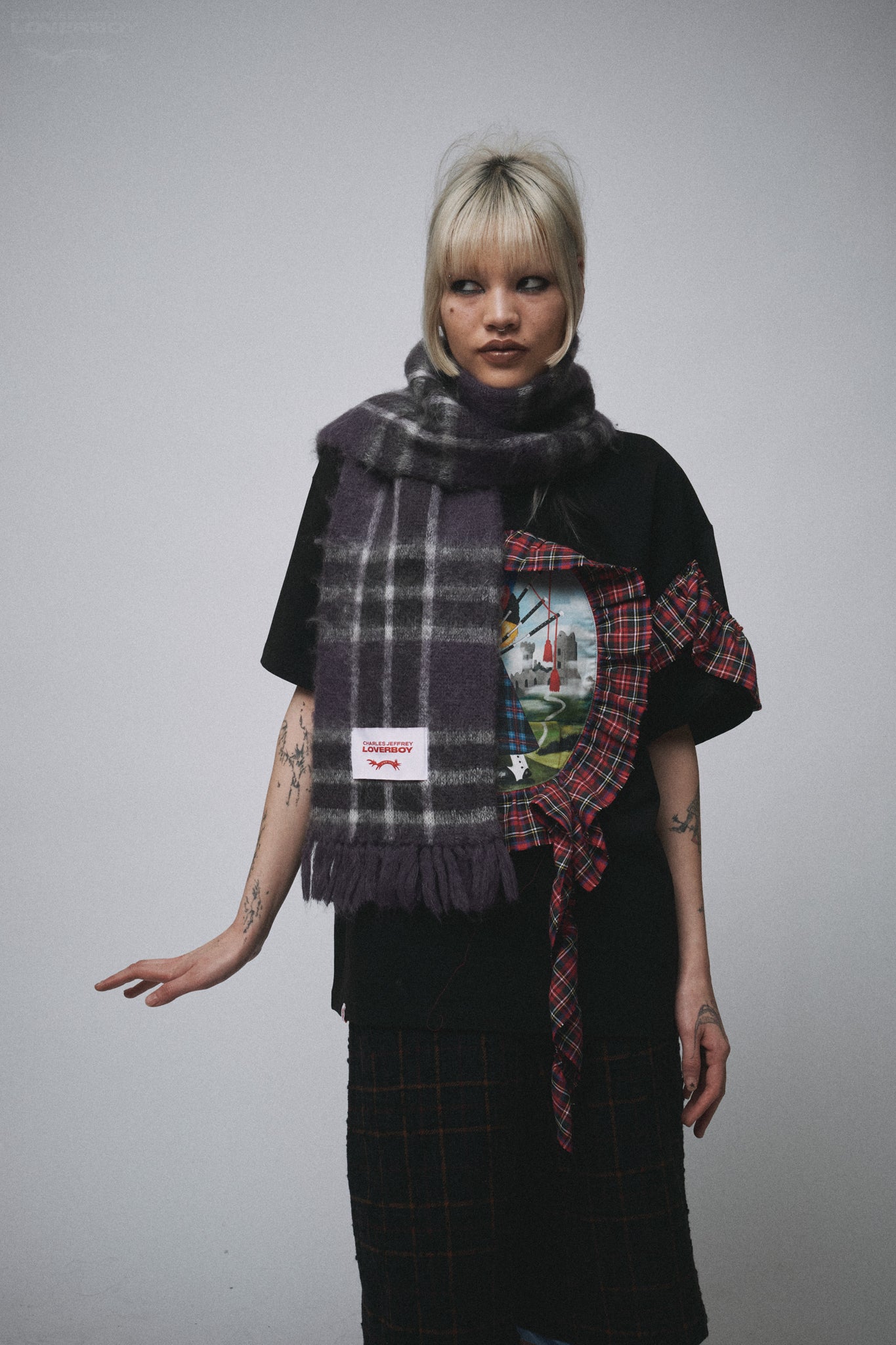 BRUSHED MOHAIR SCARF in PURPLE TARTAN