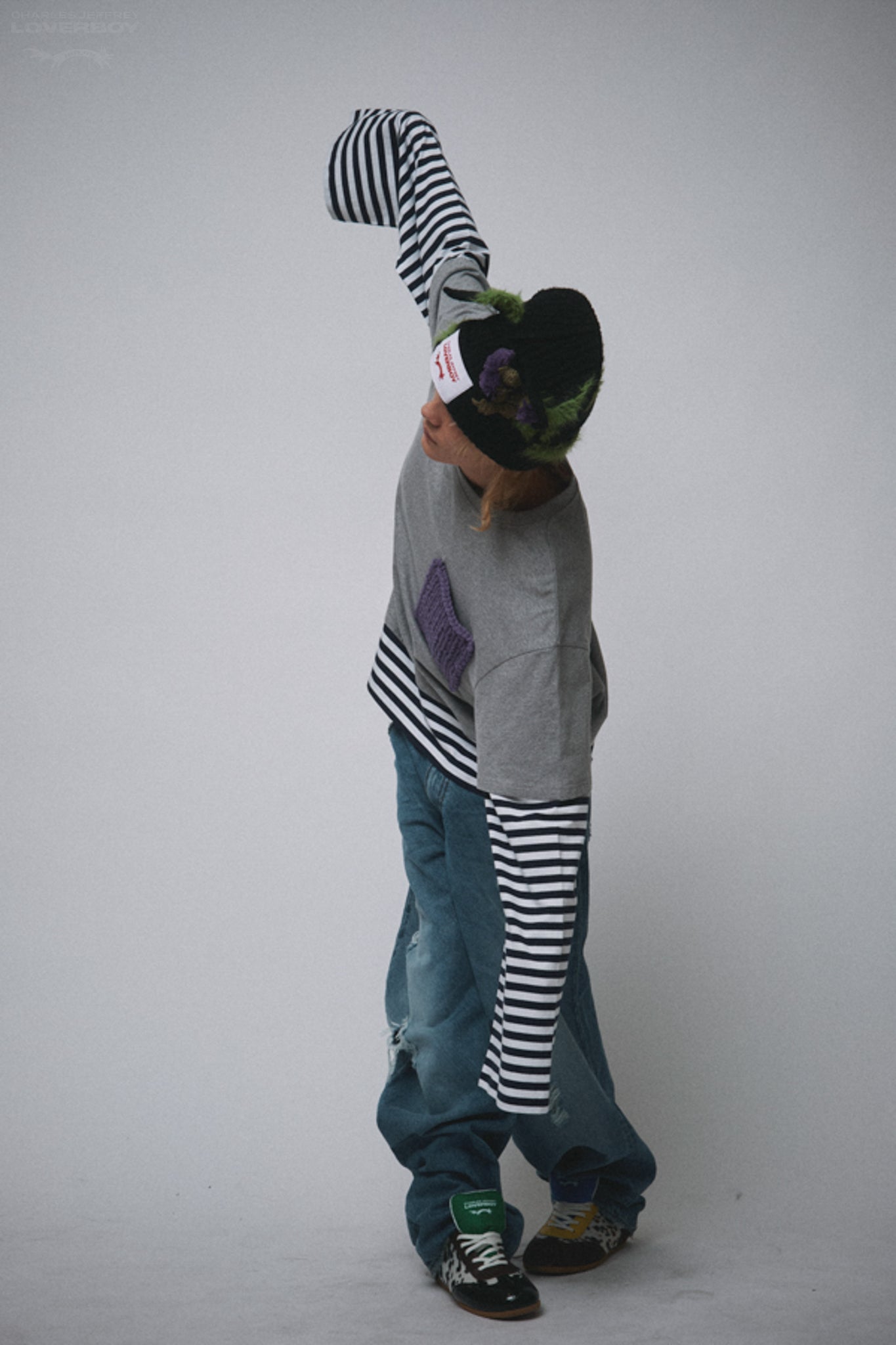 LONG SLEEVE 2-IN-1 TEE WITH KNIT PATCH in GREY MARL NAVY STRIPE