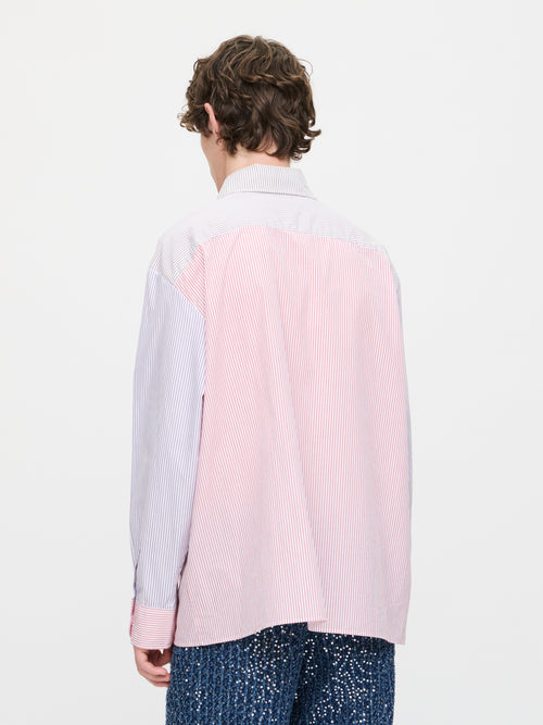 OVERSIZED LONG SLEEVE SHIRT WITH KNITTED PATCH in RED PURPLE KHAKI STRIPE