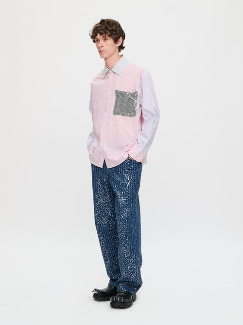 OVERSIZED LONG SLEEVE SHIRT WITH KNITTED PATCH in RED PURPLE KHAKI STRIPE | Charles Jeffrey Loverboy