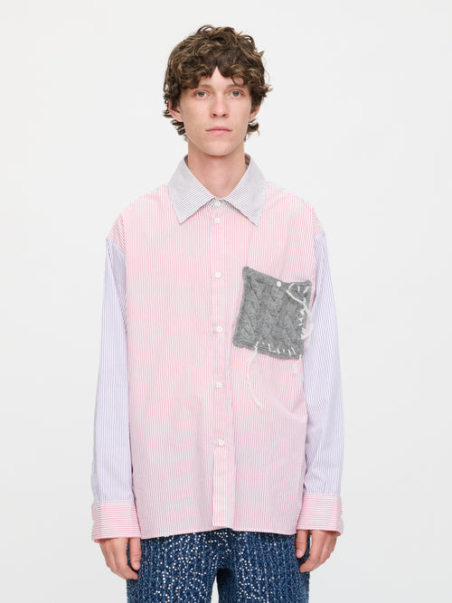 OVERSIZED LONG SLEEVE SHIRT WITH KNITTED PATCH in RED PURPLE KHAKI STRIPE | Charles Jeffrey Loverboy