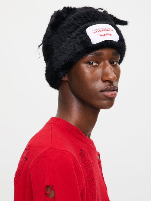 FLUFFY CHUNKY EARS BEANIE in BLACK