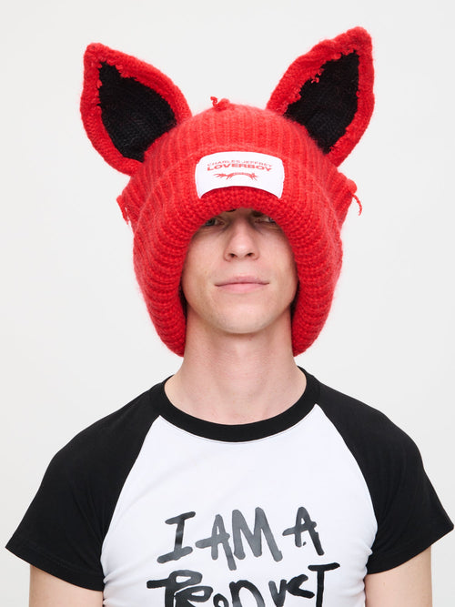 ARTISANAL SUPERSIZED FOX BEANIE in RED BLACK