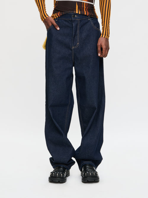 LOOSE FIT JEAN WITH KNITTED POCKET in INDIGO DENIM | Charles Jeffrey Loverboy