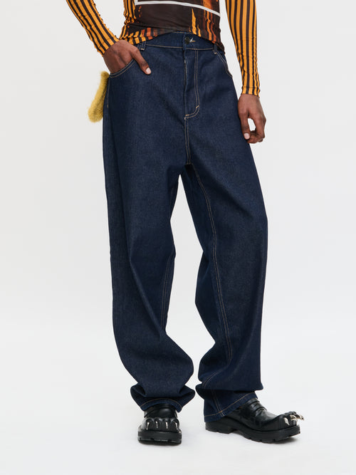 LOOSE FIT JEAN WITH KNITTED POCKET in INDIGO DENIM | Charles Jeffrey Loverboy