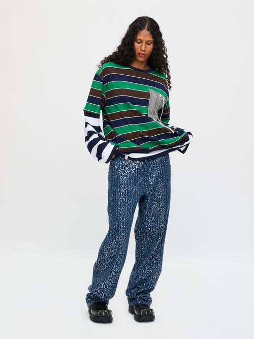 PATCH LONG SLEEVE 2-IN-1 TEE in GREEN NAVY BROWN STRIPE | Charles Jeffrey Loverboy