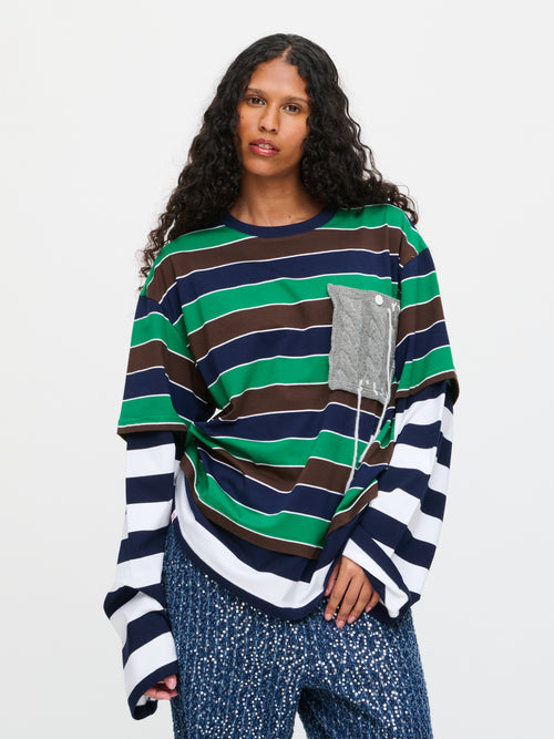 PATCH LONG SLEEVE 2-IN-1 TEE in GREEN NAVY BROWN STRIPE | Charles Jeffrey Loverboy