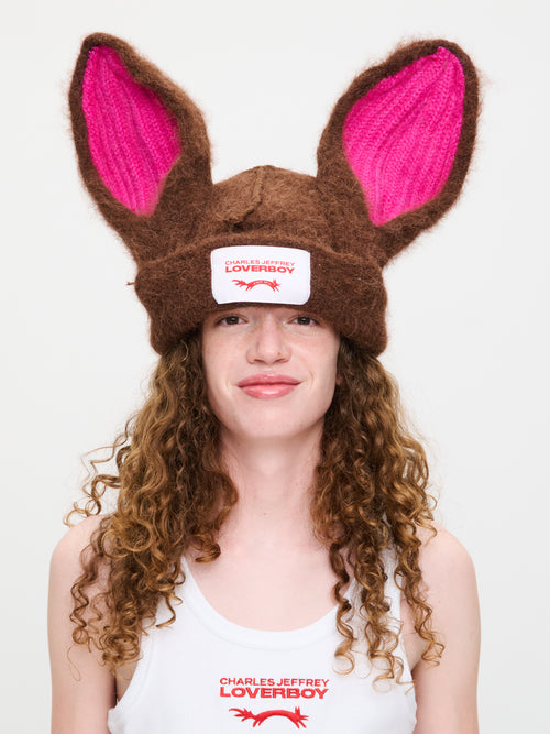 ARTISANAL RABBIT BEANIE in BROWN PINK