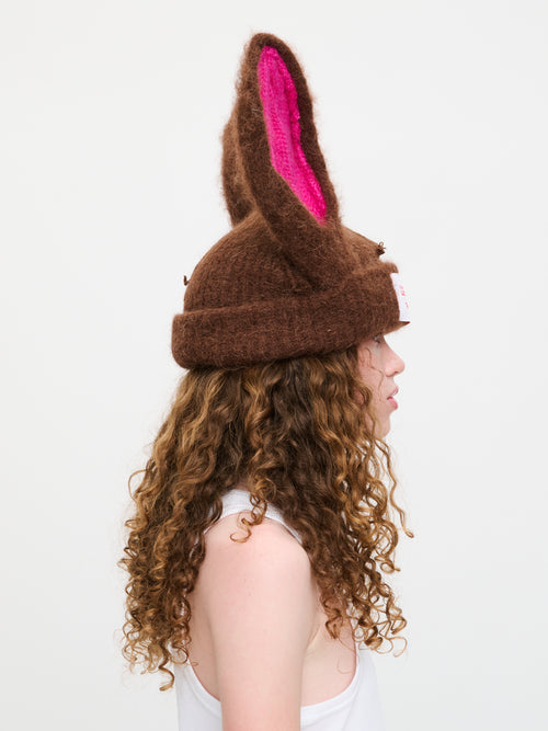 ARTISANAL RABBIT BEANIE in BROWN PINK