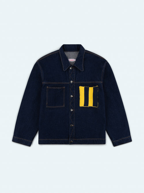 CARGO DENIM JACKET WITH KNIT PATCH in BLUE