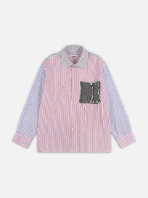 OVERSIZED LONG SLEEVE SHIRT WITH KNITTED PATCH in RED PURPLE KHAKI STRIPE