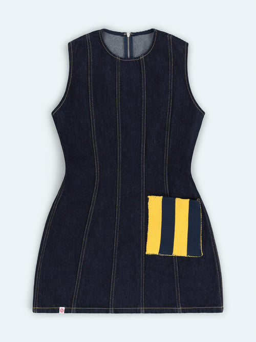 DENIM MINI DRESS WITH KNIT PATCH in BLUE