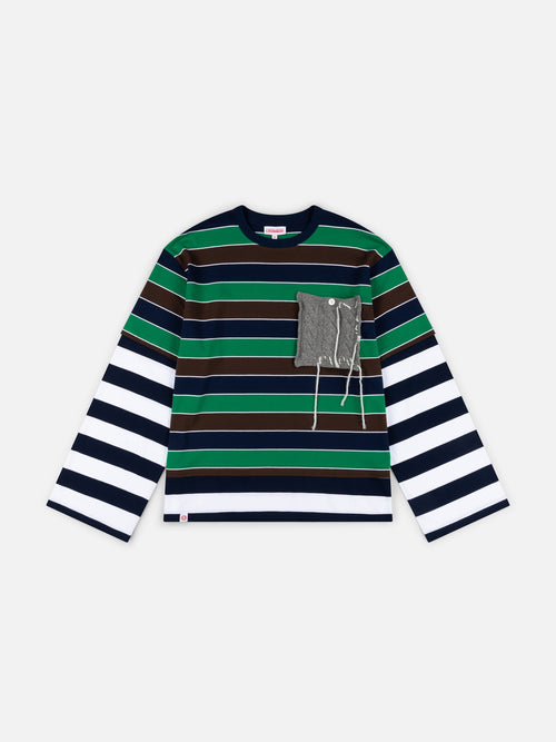 PATCH LONG SLEEVE 2-IN-1 TEE in GREEN NAVY BROWN STRIPE