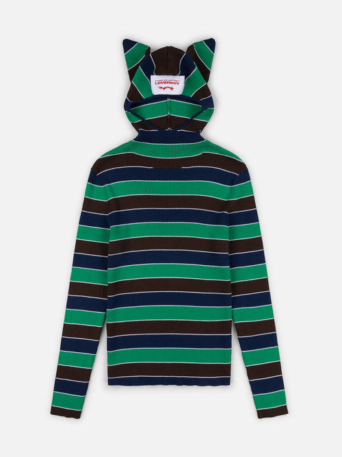 RIBBED EARS BALACLAVA JUMPER in GREEN NAVY STRIPE