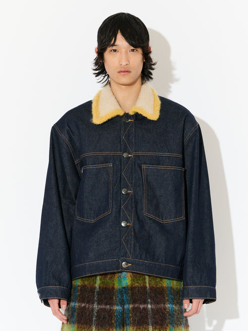 DENIM JACKET WITH KNITTED COLLAR in INDIGO DENIM | Charles Jeffrey Loverboy