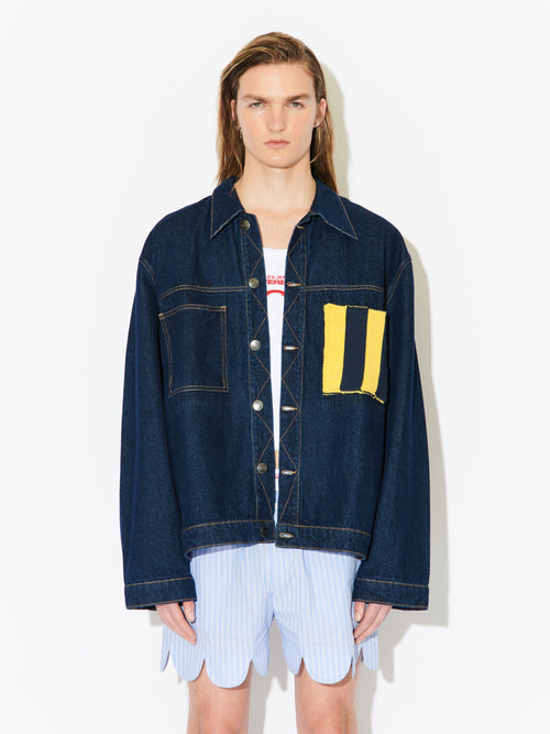 CARGO DENIM JACKET WITH KNIT PATCH in BLUE | Charles Jeffrey Loverboy