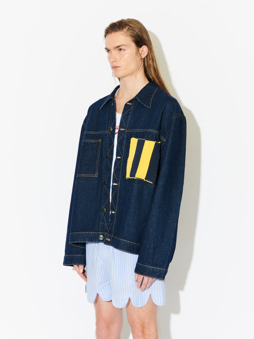 CARGO DENIM JACKET WITH KNIT PATCH in BLUE | Charles Jeffrey Loverboy