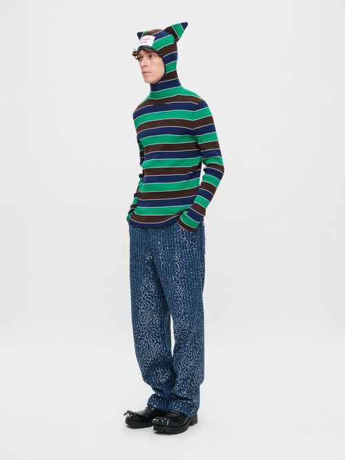 RIBBED EARS BALACLAVA JUMPER in GREEN NAVY STRIPE | Charles Jeffrey Loverboy