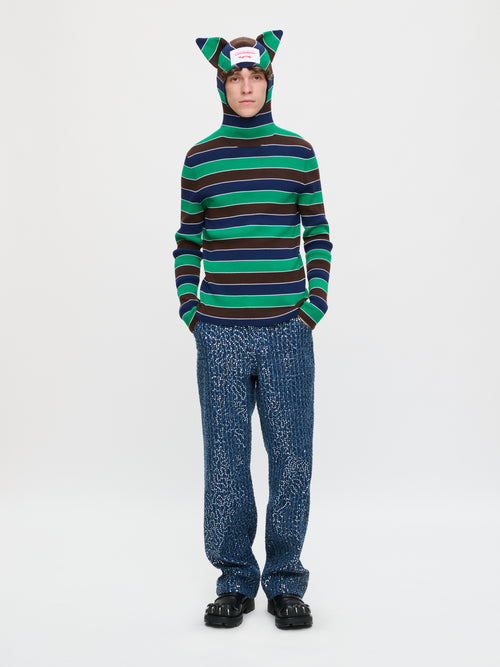 RIBBED EARS BALACLAVA JUMPER in GREEN NAVY STRIPE | Charles Jeffrey Loverboy