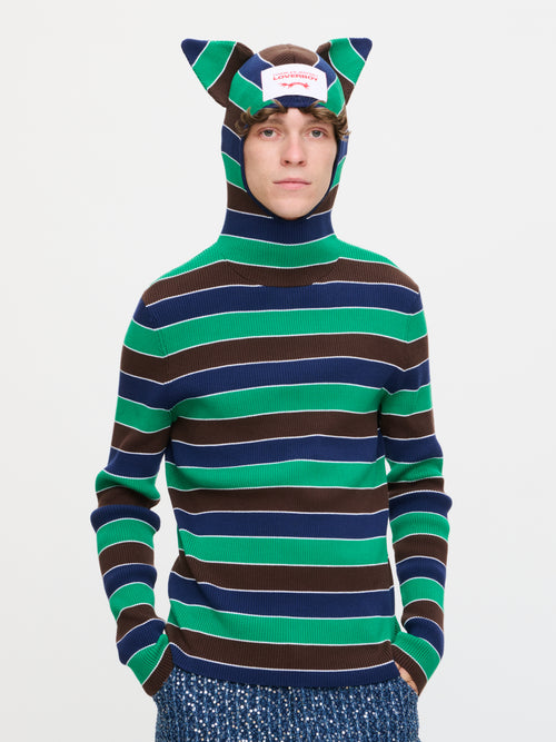RIBBED EARS BALACLAVA JUMPER in GREEN NAVY STRIPE | Charles Jeffrey Loverboy