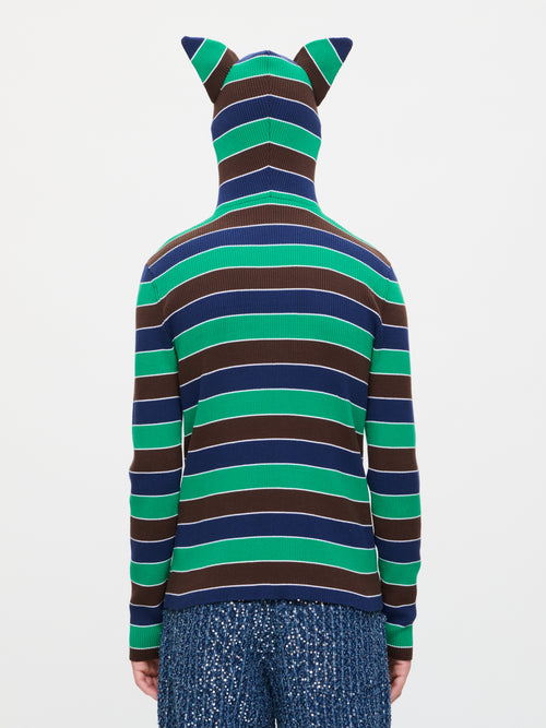 RIBBED EARS BALACLAVA JUMPER in GREEN NAVY STRIPE | Charles Jeffrey Loverboy