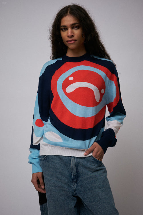SMILEY SWEATER in RED BLUE NAVY ECRU | Charles Jeffrey Loverboy