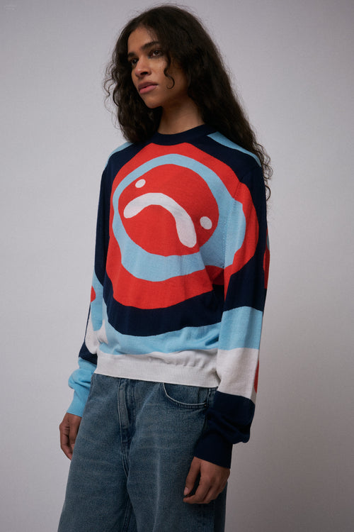 SMILEY SWEATER in RED BLUE NAVY ECRU | Charles Jeffrey Loverboy