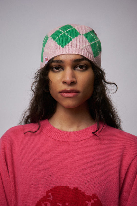 ARGYLE RIB BEANIE EXCLUSIVE in PINK GREEN