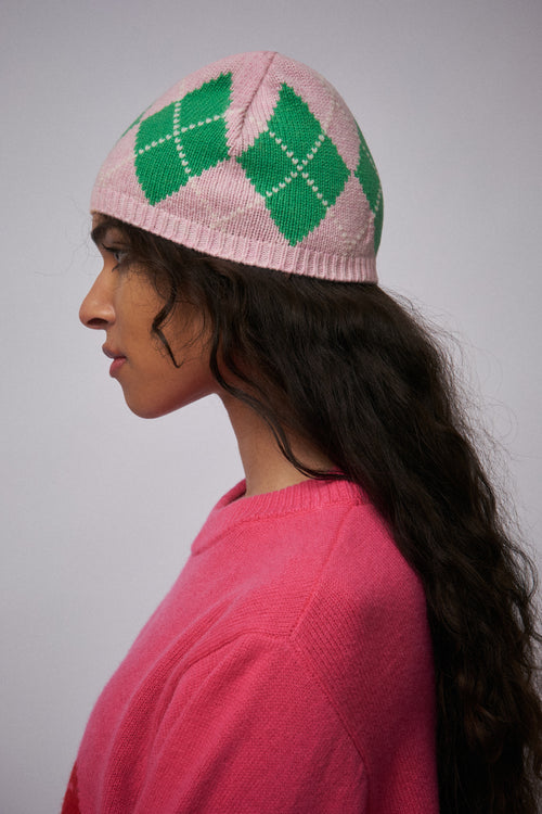 ARGYLE RIB BEANIE EXCLUSIVE in PINK GREEN