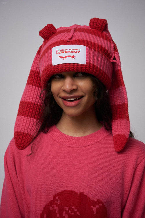 CHUNKY RABBIT BEANIE in RED PINK STRIPE | Charles Jeffrey Loverboy