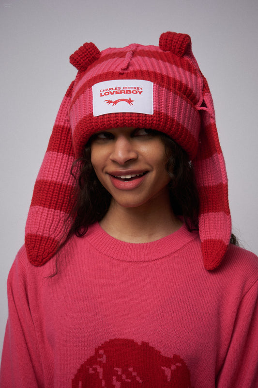 CHUNKY RABBIT BEANIE in RED PINK STRIPE