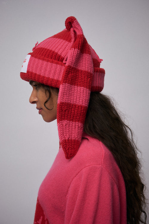 CHUNKY RABBIT BEANIE in RED PINK STRIPE | Charles Jeffrey Loverboy