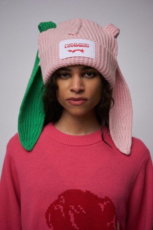 CHUNKY RABBIT BEANIE in PINK GREEN | Charles Jeffrey Loverboy