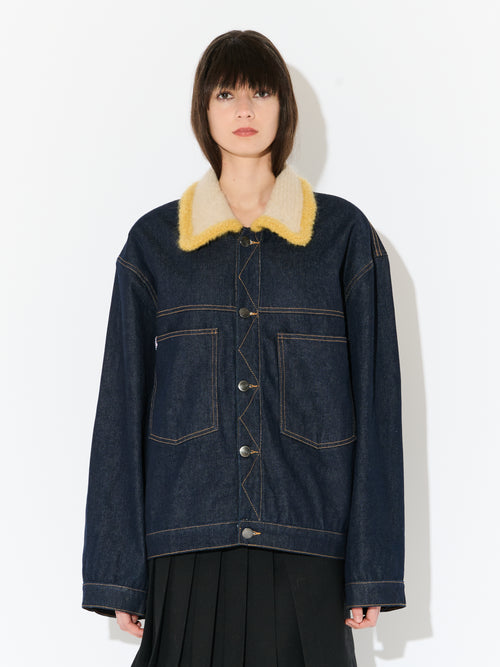 DENIM JACKET WITH KNITTED COLLAR in INDIGO DENIM | Charles Jeffrey Loverboy