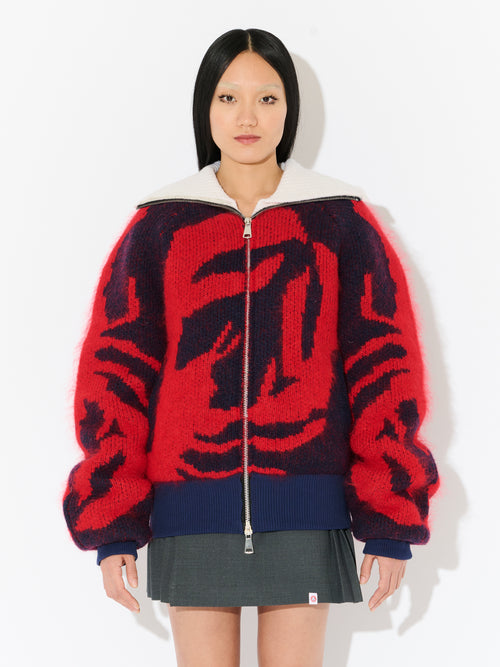 KNITTED PUFFER JACKET in RED NAVY WHITE | Charles Jeffrey Loverboy