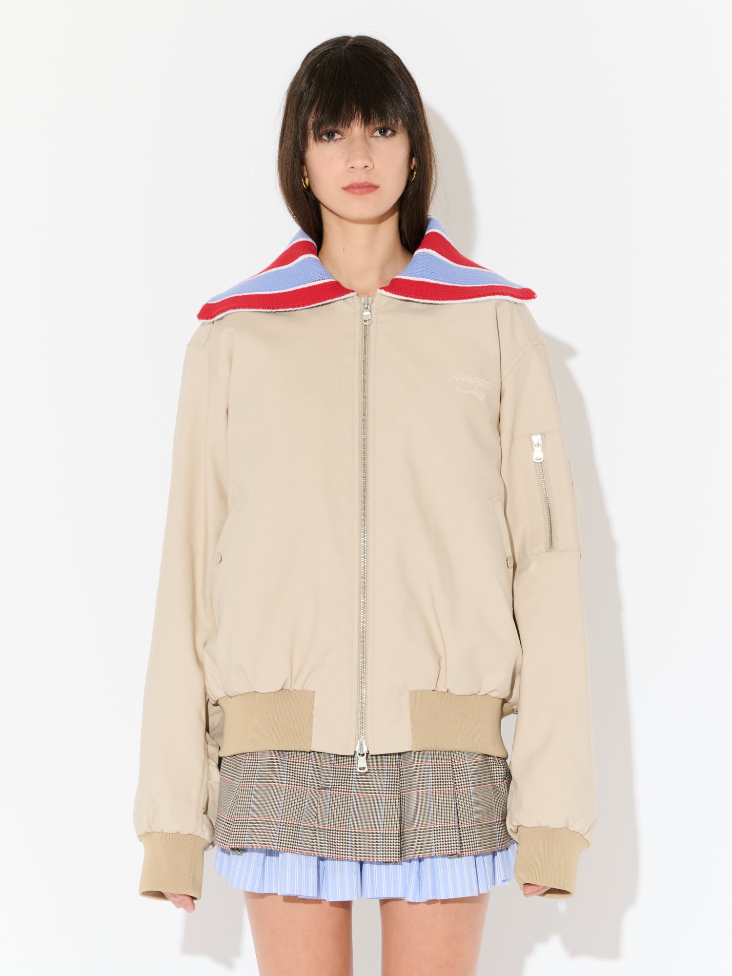 BOMBER JACKET WITH KNIT COLLAR in BEIGE